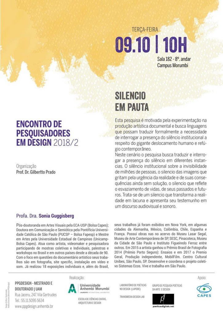 Pesquisa Silêncio em Pauta de Sonia Guggisberg no Encontro de Pesquisadores em Design 2018, refletindo sobre silêncio e deslocamento.