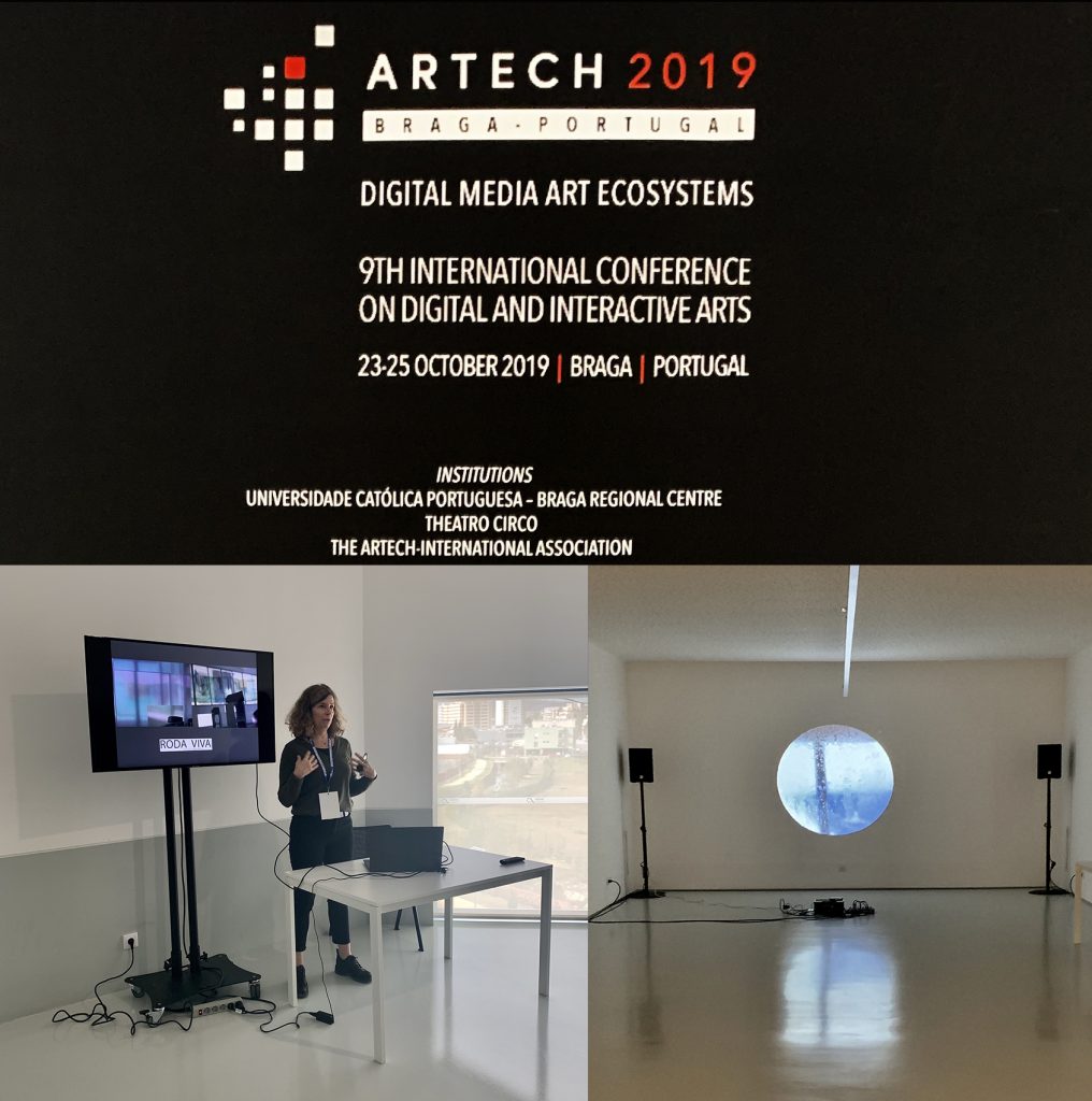 Instalação de Sonia Guggisberg apresentada no Artech 2019, unindo arte e tecnologia em reflexão sobre imagem digital contemporânea.