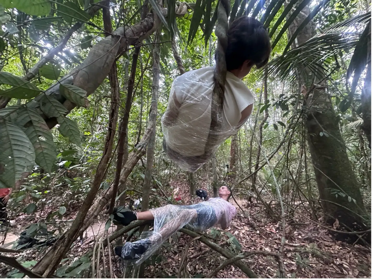 A pesquisa e obra Casulos de Plástico cria ambiguidades com o corpo em nosso tempo imerso na crise ambiental. O que vemos é que os corpos encasulados pelo o plástico claustrofóbico e tóxico, trazem a asfixia do corpo imobilizado e aproxima realidades humanas e urbanas com o tema Natureza. Os Casulos de plástico, em um outro olhar, se apropriam dos casulos das borboletas para falar das diferentes metamorfoses. Enquanto a lagarta, em uma transformação da natureza, se liberta do casulo para virar borboleta, o ser humano se enclausura e se intoxica em suas proprias criações e suas novas tecnologias.